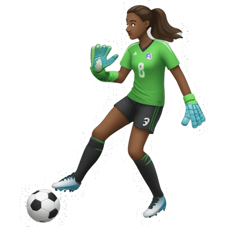 A tall goalkeeper passes the ball with her foot emoji