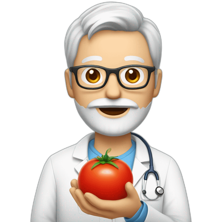 DOCTOR WITH WRINKLES, MAN, FULL GREY BEARD, GREY AND WHITE SHORT HAIR, RED GLASSES, holding a tomato on his palm emoji