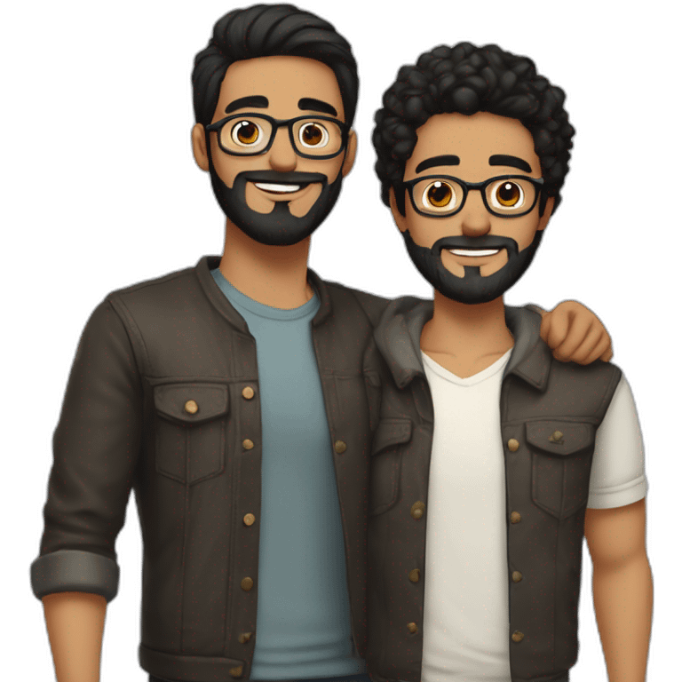 Gay couple of a 32 years old Colombian man with beard and black hair and brown holding hand with a man, 21 years old, NO BEARD, with glasses emoji