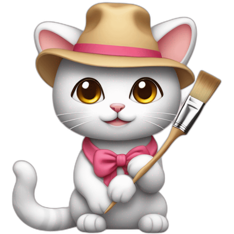 Kawaii cat artist in hat with palette and brush so it can be used as a mouse cursor emoji