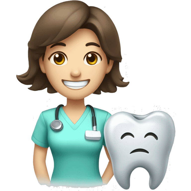 a brunette dentist leaning against a tooth with eyes and smiling emoji