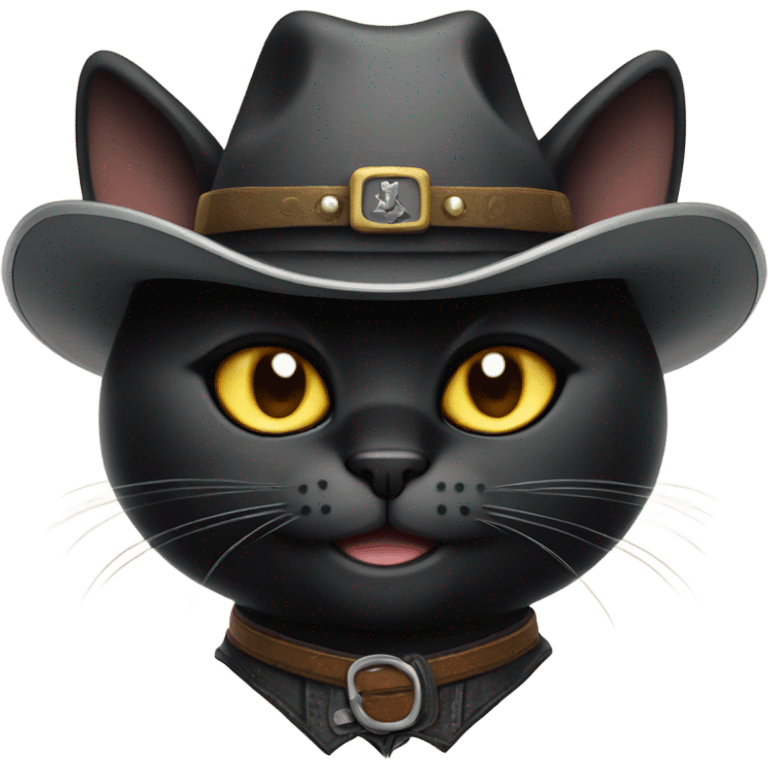 Black cat wearing a cowboy hat with finger guns emoji