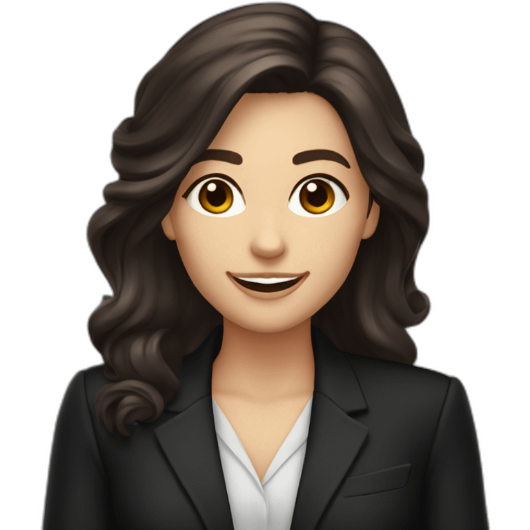 Caucasian Woman with voluminous long dark brown hair, dark brown eyes, pretty smile, dressed with a black blazer. Pointing up emoji