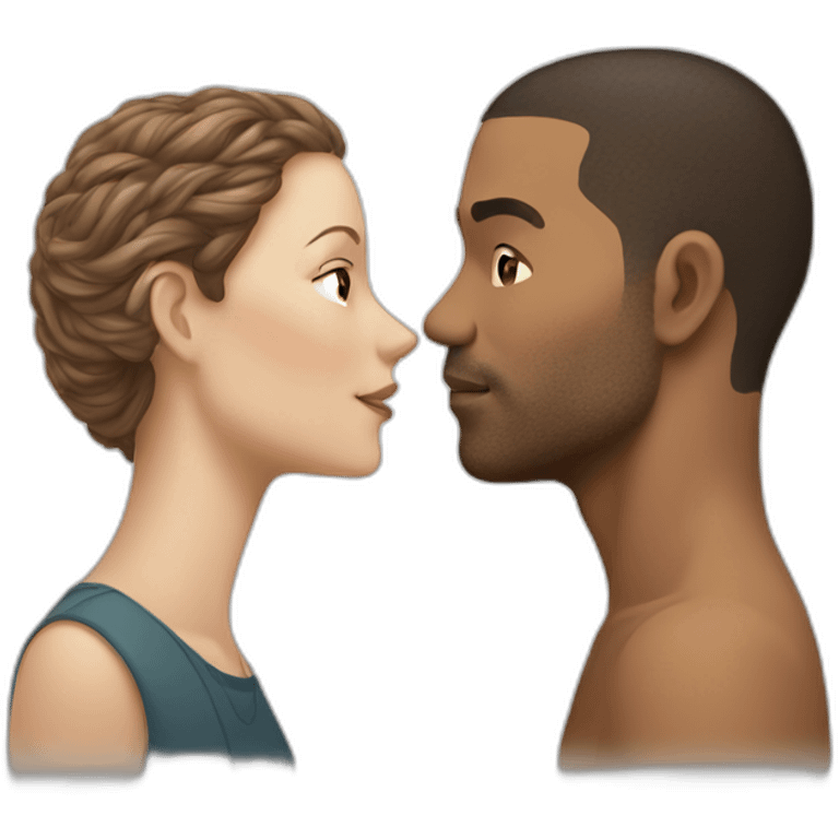 A mixed race man with very little hair kissing a white woman with brown hair emoji