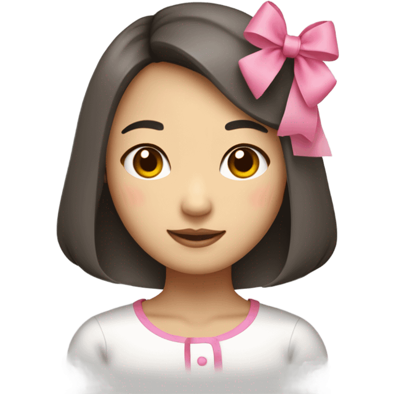 A cute Korean woman emoji with a neat bob haircut and a large pink bow on her head, cheerful expression, minimalistic design. emoji