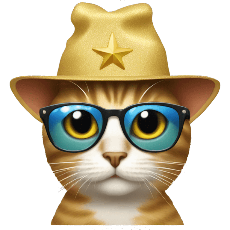 cat wearing sunglasses and a star hat emoji