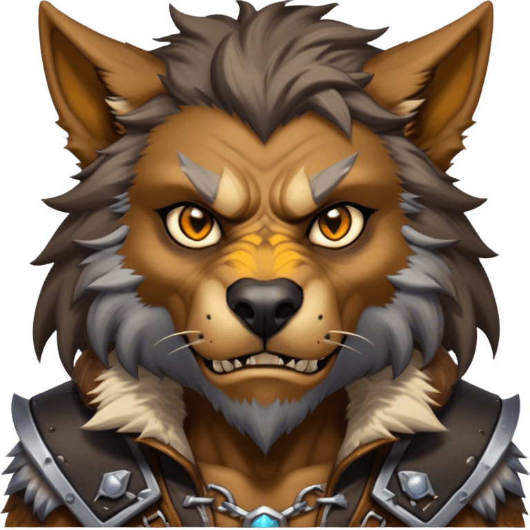 Cinematic Realistic WoW Worgen Portrait, head tilted epicly and inquisitively, showcasing the striking fusion of human intellect and beastly ferocity. His rugged fur and tanned skin, accented by piercing amber eyes and meticulously rendered worn leather garments, are bathed in dynamic lighting, high shine, epic and awe-inspiring, capturing the relentless spirit of a worgen at the apex of his power. emoji