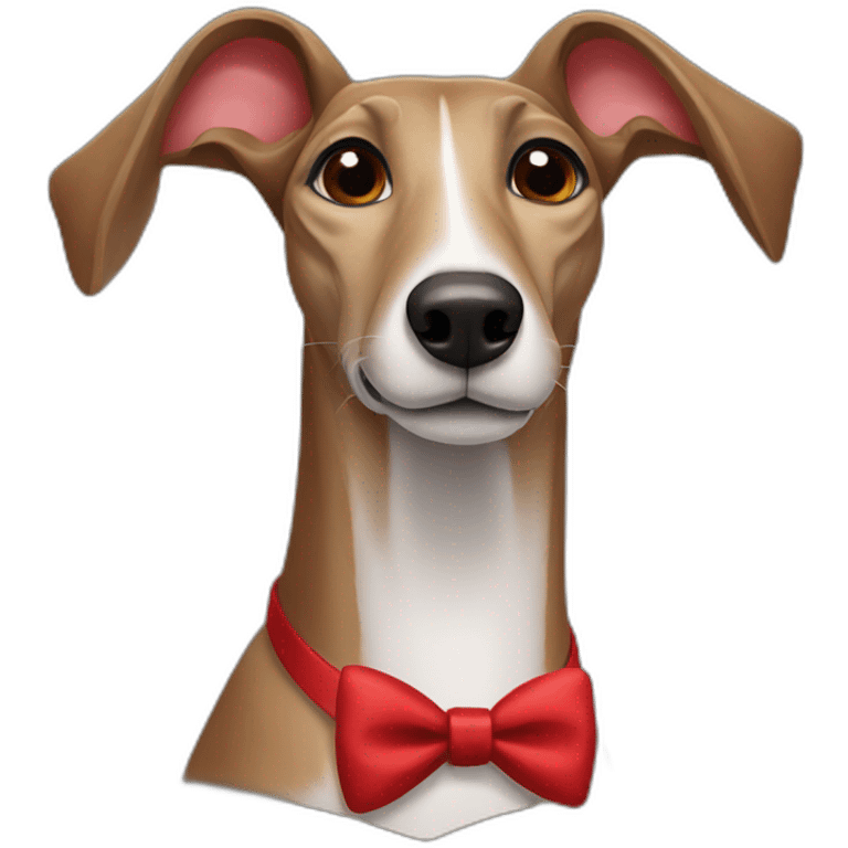 brown greyhound with white mark and a red bow tie emoji