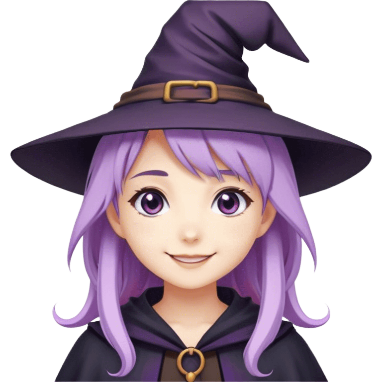 cute anime girl with lilac hair wearing a witch hat smiling emoji