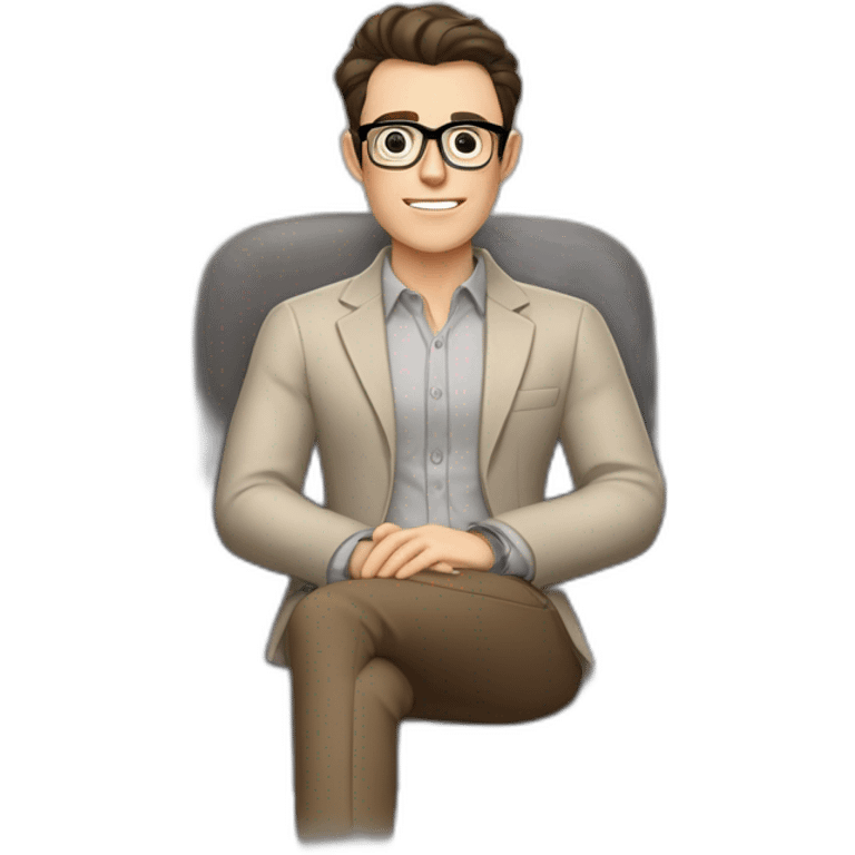 Pale skinned Fit Man With dark brown hair in gray jacket, beige office shirt, Brown pants and vintage glasses sitting In a soft chair with a notebook on spring with emblem Ψ and a pen emoji