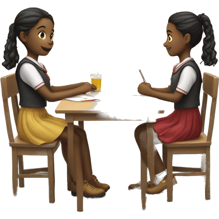 Two  schoolgirl at the table are playing emoji