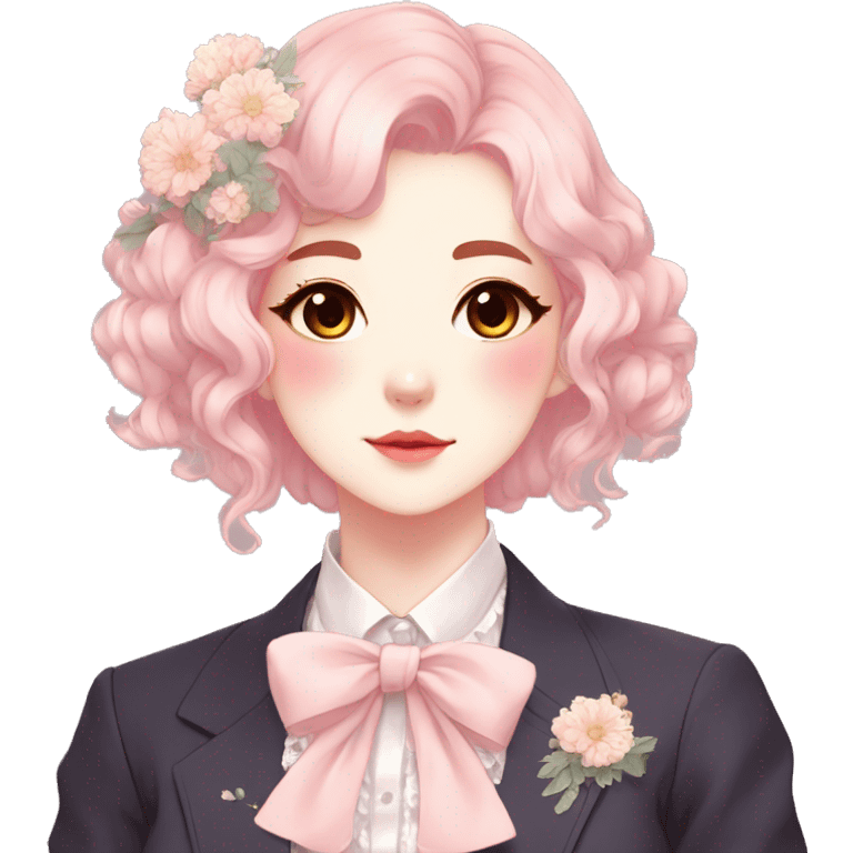 Gorgeous pastel anime style lady with blushing face and flowers and laces and bow ties and pretty hair aesthetic trending style emoji