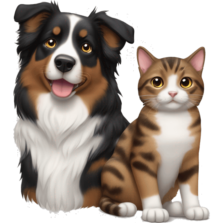 Black tricolor Australian Shepherd and two brown tabby cats emoji