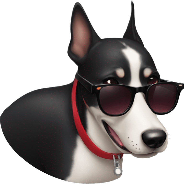 Black very short hair female large dog with sunglasses and red lips  smiling with the tongue outside the mouth . Her face is thin and she has very short hair and big ears emoji