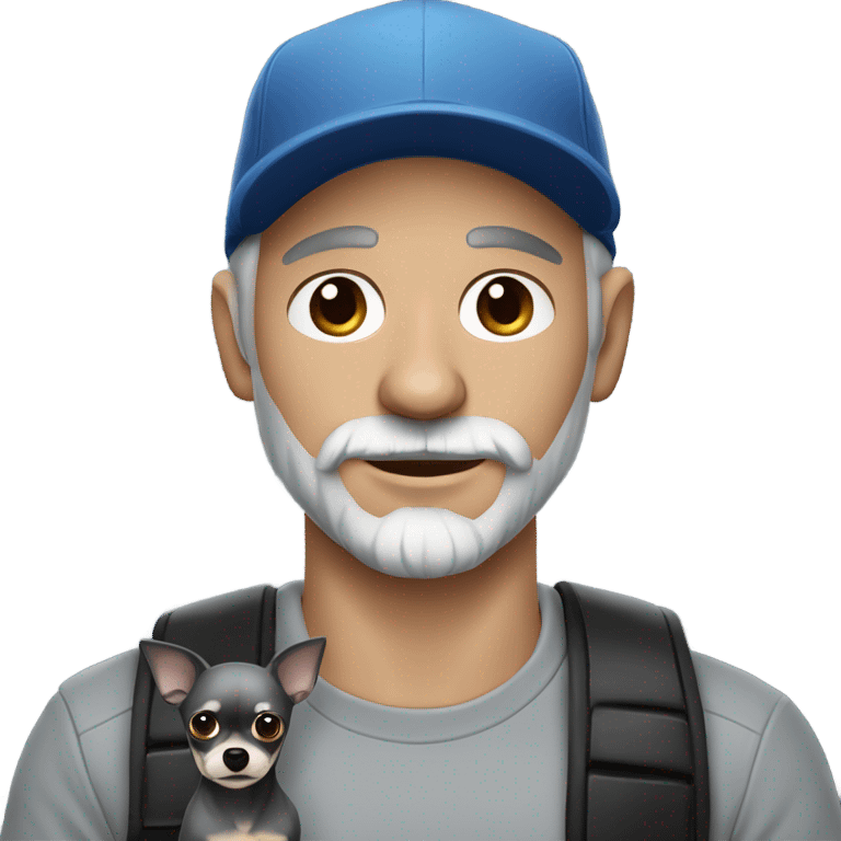 blue eyed man, with grey hair,  grey goatee, wearing ball cap, holding ‘a black long hair chihuahua’ emoji