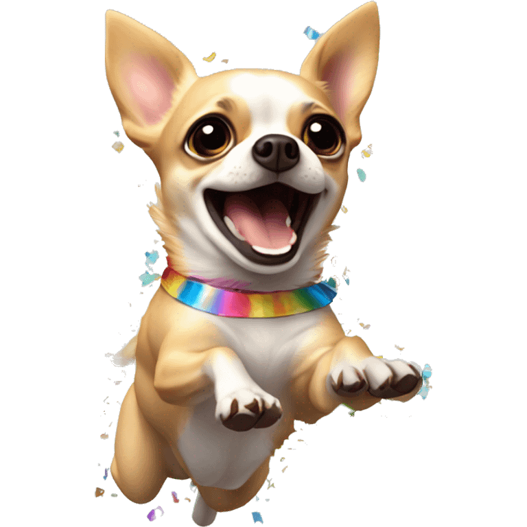 An animated chihuahua running jumping. When reaching the apex of the jump, the chihuahua should explode into rainbow colored confetti. The Chihuahua should not be visible after exploding into confetti emoji