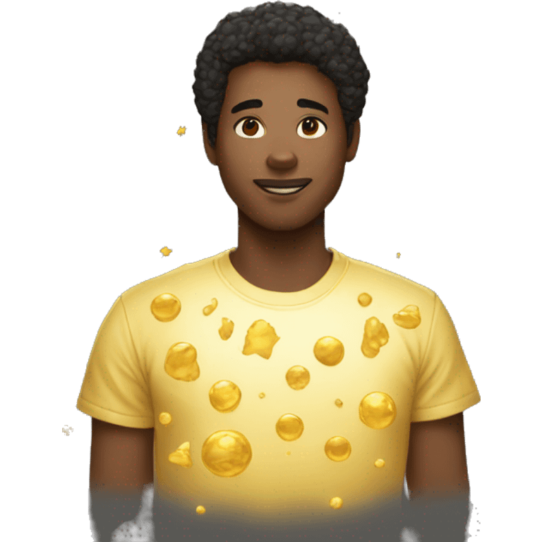 Person wearing t shirt filled with golden galaxies emoji