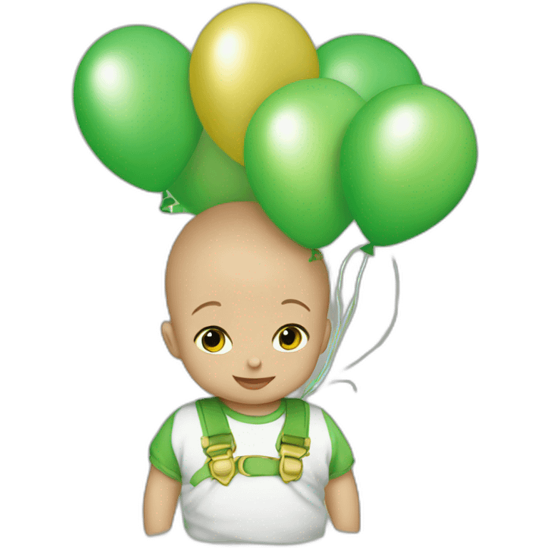 Baby boy with green, gold and white baloons emoji