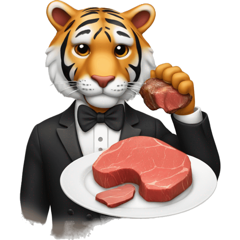 Tiger wearing a tuxedo eating a steak emoji