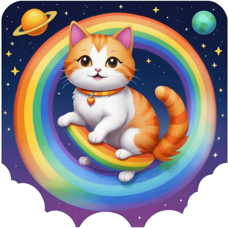 Cat riding a rainbow in space  emoji