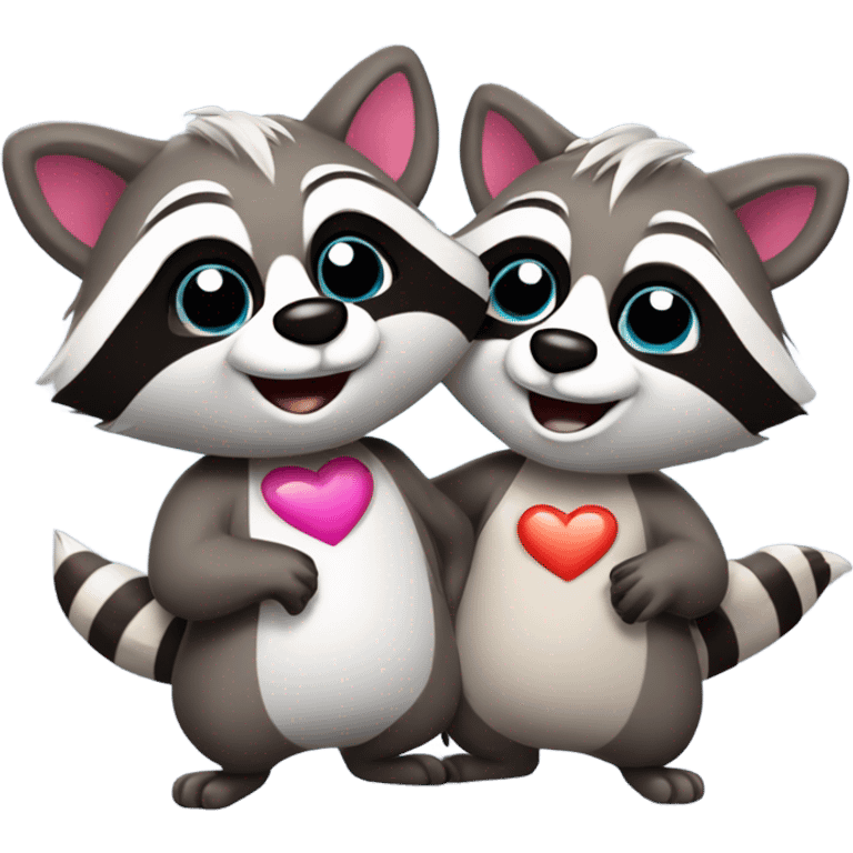 Two male cartoon raccoons in love with hearts above their heads emoji