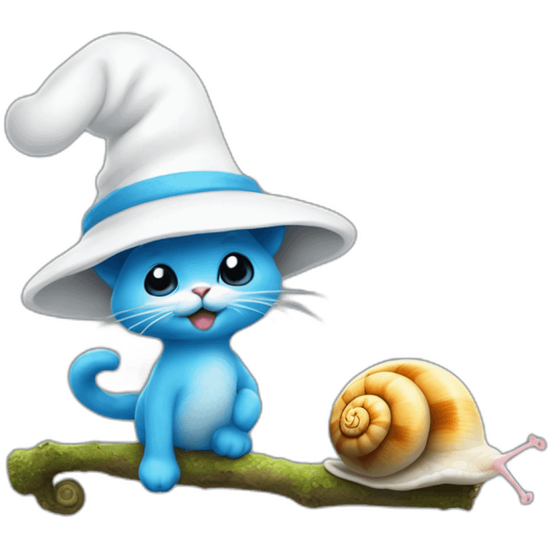 smurf cat with white hat and a snail on its back walking on the stick emoji