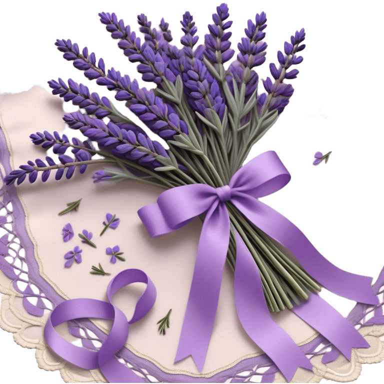 A delicate lavender bouquet, bound with a faded violet silk ribbon, rests atop an aged lace cloth, its soft petals releasing a gentle, calming fragrance. Wisps of dried lavender buds scatter across the table, their muted plum and lilac hues blending harmoniously with the intricate embroidery of the fabric.
 emoji