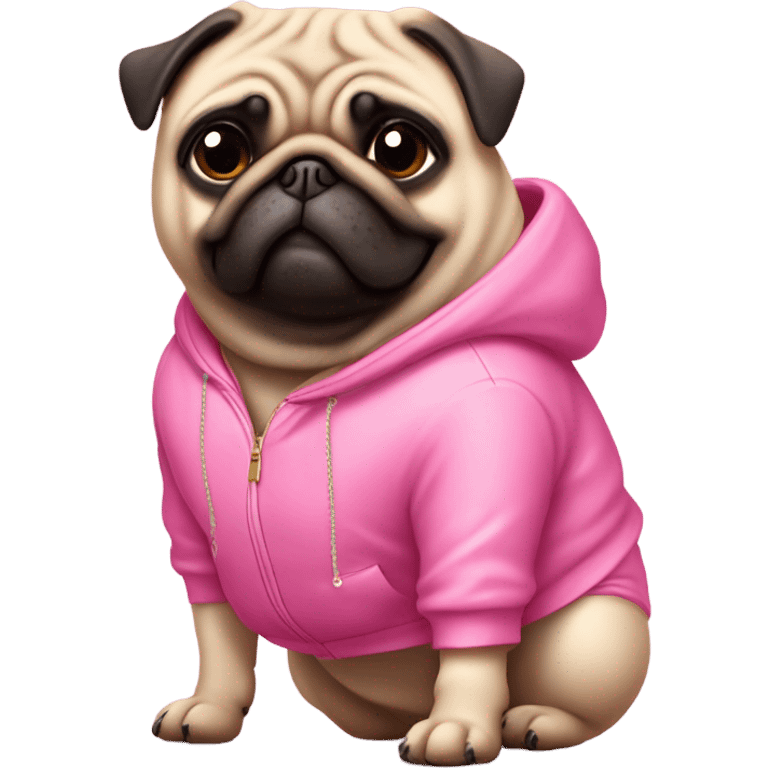 A fat pug wearing a juicy couture jumpsuit￼ emoji