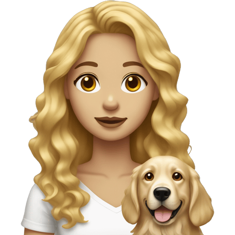 Dark Blonde girl wavy hair and white top with golden retriever emoji