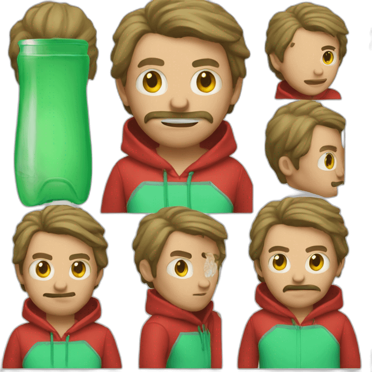 A man who hacks a candy computer with a green sweatshirt and a red hoodie emoji