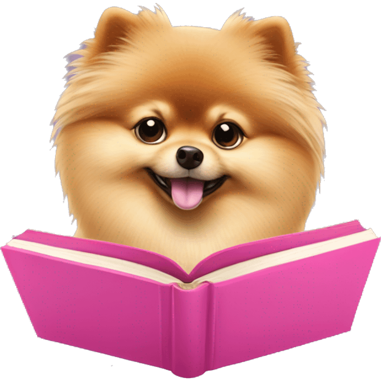 a pomeranian spitz reading a pink book emoji