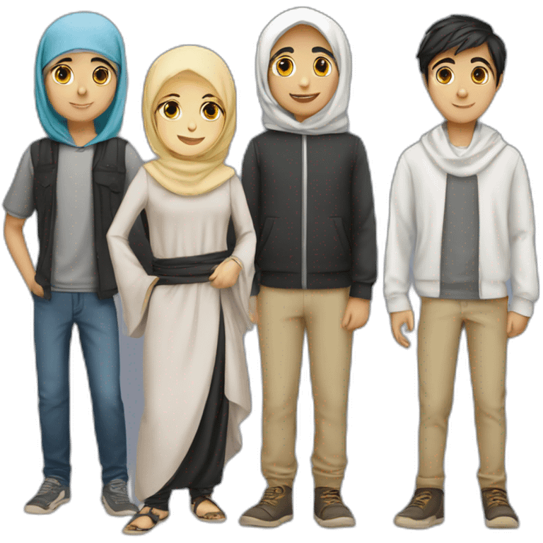 Group of six teenagers one hijabi girl, a blonde girl, an arab boy and 2 white boys emoji