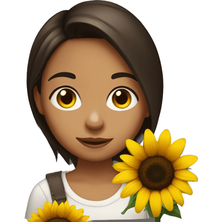 Dark brown hair, brown eyed girl holding sunflower emoji