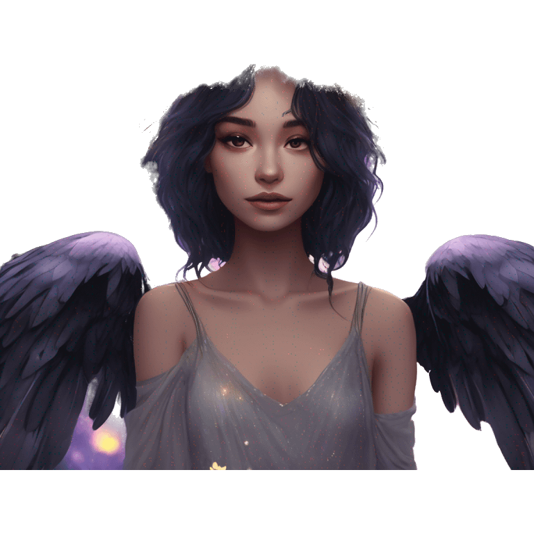 Black Raven wings bohemian girl Ethereal galaxy constellation girl angel raven wings black wings, gold arrow, nebula, flower crown, fairy lights, iridescent, nature, shot by golden arrow emoji