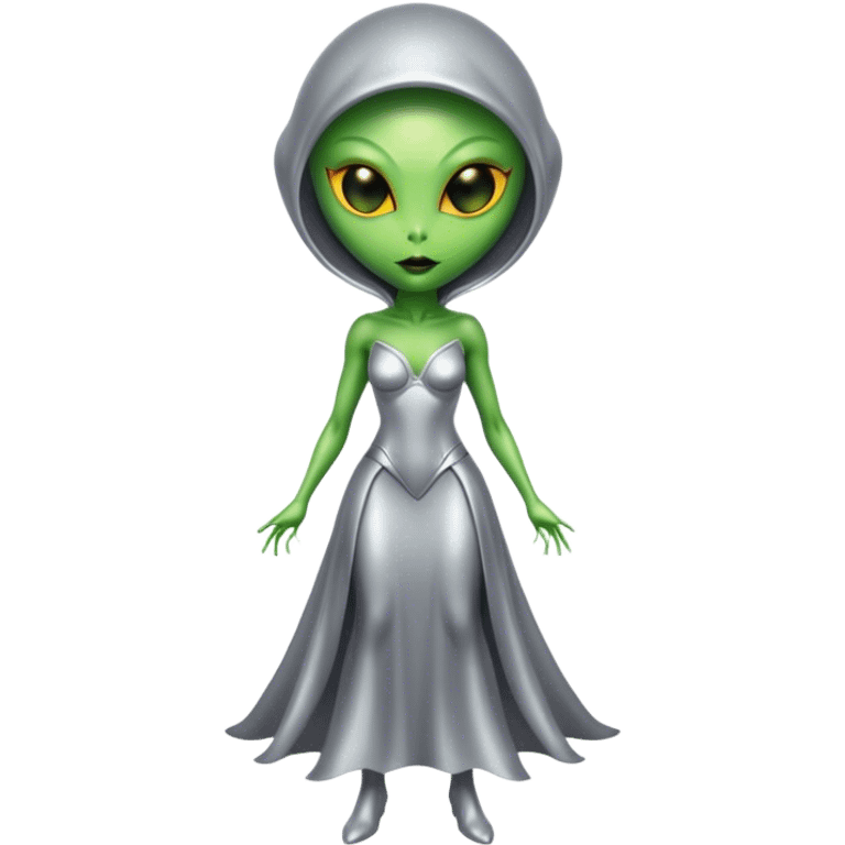 Green Alien woman in silver dress, full figure, yellow eyes emoji