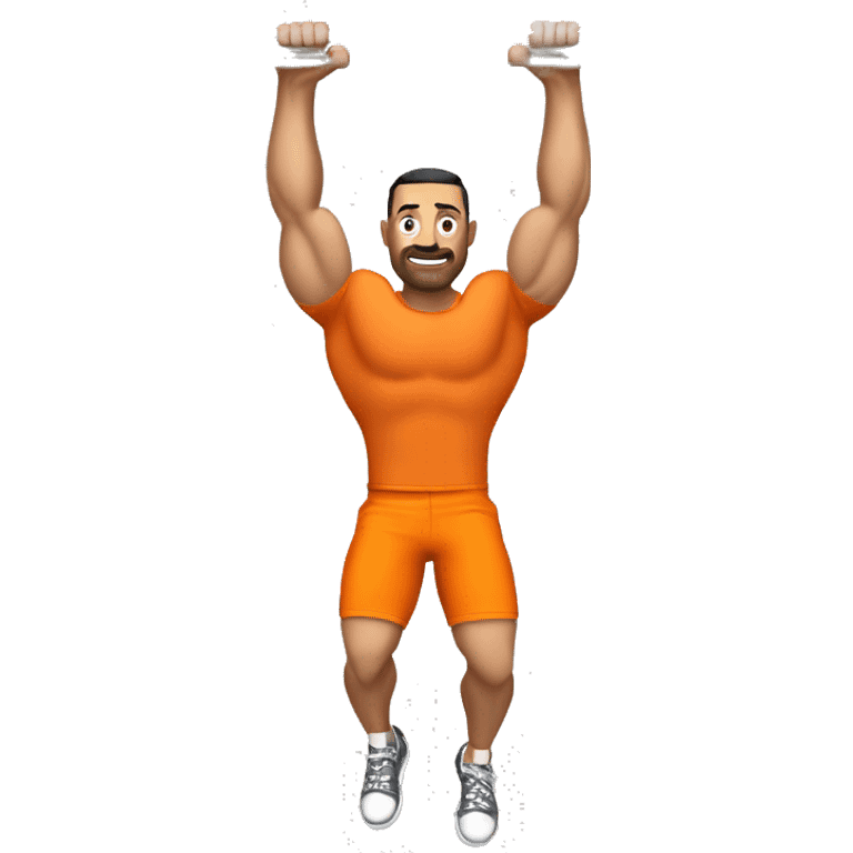 Muscular , bold , Caucasian man in orange t-shirt , black shorts and orange sneakers hanging with only right hand on pull-up bar emoji