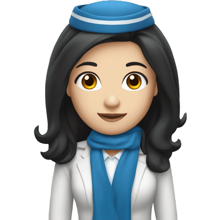 Flight attendant with long black hair, white skin and a blue uniform and a scarf emoji