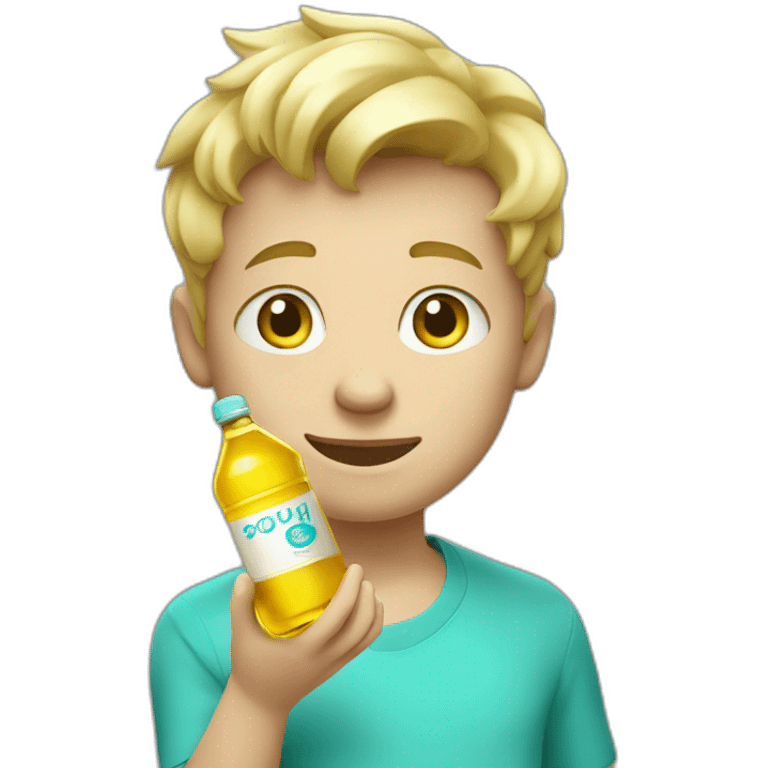 Fat blonde boy in a cyan shirt holding a bottle of cooking oil emoji