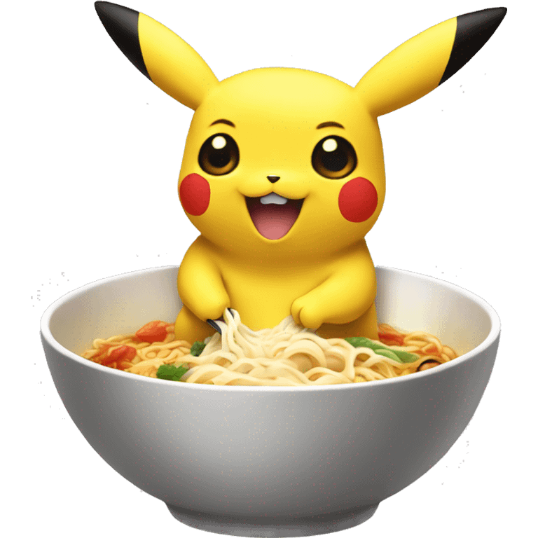 Pikachu eating ramen from a pikachu bowl emoji