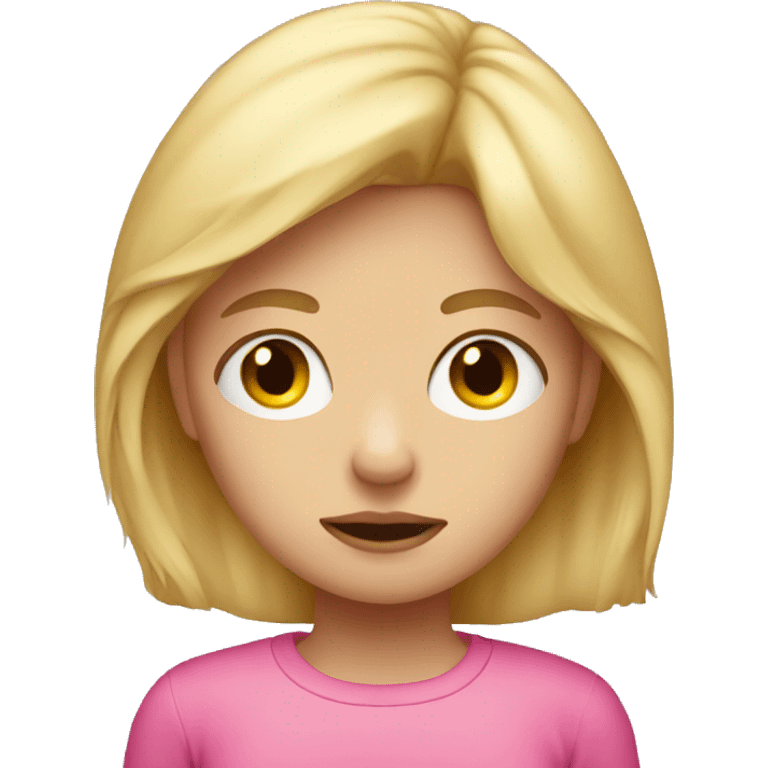 Sad blonde girl wearing pink emoji