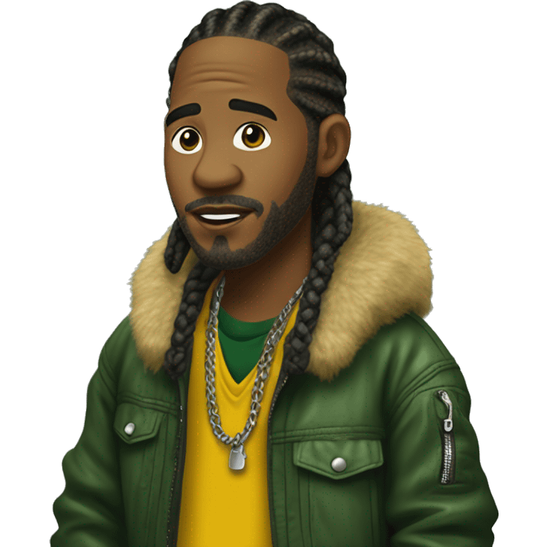 Side profile of a hip hop artist with braids. He has an arm extended down, holding a mic. He's wearing a very dark green crocodile jacket. The jacket has a furry yellow mustard collar.  emoji