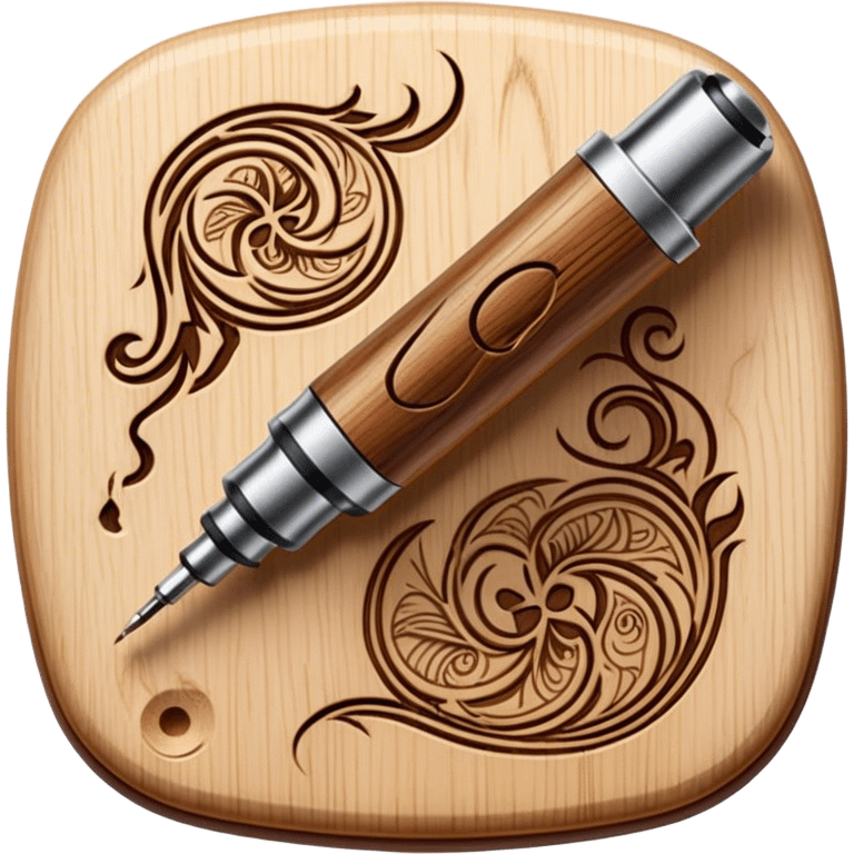 Pyrography icon, wooden surface with detailed burn marks, intricate patterns etched into wood using a soldering iron, no flames or smoke, minimalistic style, clean lines, transparent background. emoji