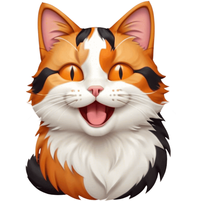 Cinematic Cute Yawning Calico Cat Portrait Emoji, Head tilted mid-yawn with a charming, relaxed expression, showcasing a soft patchwork fur of vibrant orange, black, and white, simplified yet irresistibly adorable, highly detailed, glowing with a cozy, gentle radiance, high shine, exuding sleepy yet endearing charm, styled with a soft glowing outline, capturing the essence of a calico cat caught in a delightful yawn that seems ready to cuddle up for a nap! emoji