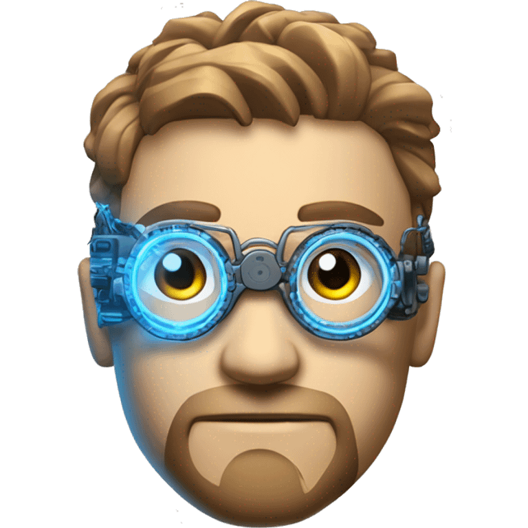 Male cyborg head with light brown hair, light brown beard, blue glowing steampunk glasses, circuits, wires  emoji