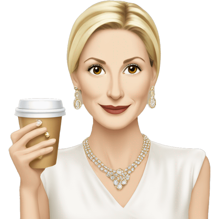 Kelly Rutherford with jewellery wearing white drinking cappucino emoji