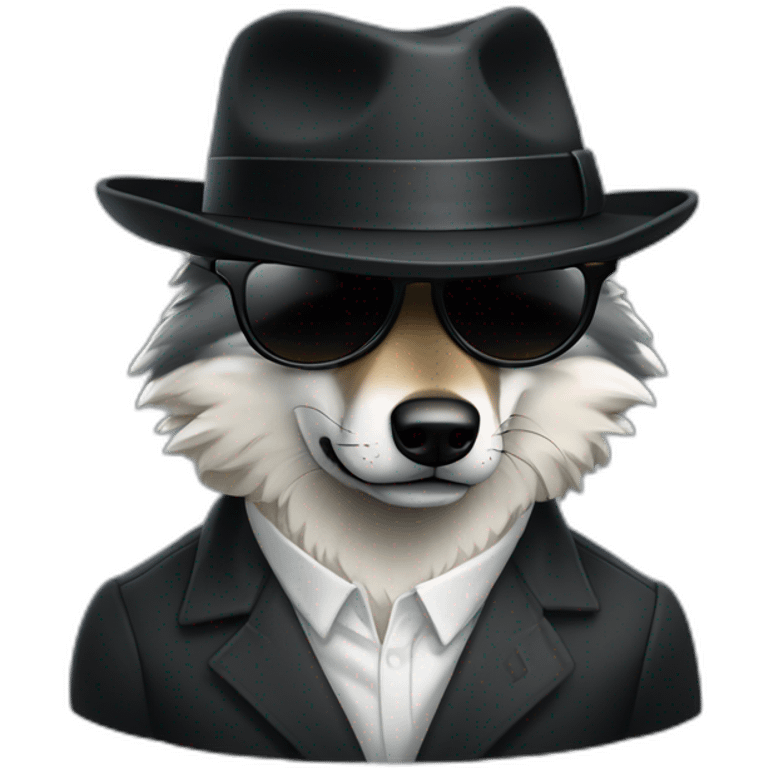 Un loup avec des lunettes ronde noir et un chapeau de mafieux emoji