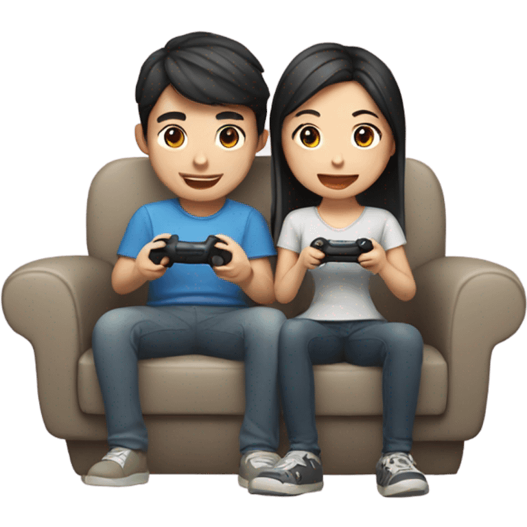 Cute Asian Couple sitting together and having fun playing video games emoji