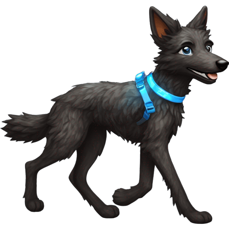  Black brindle fluffy lurcher fox blue eyes fluffy ears and holographic harness running emoji