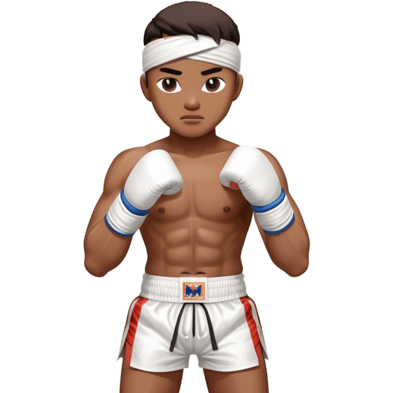 ​Cinematic Realistic Traditional Muay Thai Fighter such as Buakaw Banchamek, depicted in authentic attire featuring white bandaged gloves wrapped around his fists, a traditional headband tied neatly, and classic Muay Thai shorts, captured in a dynamic fighting stance under dramatic, high-energy lighting that highlights the raw power and elegance of the art, emoji