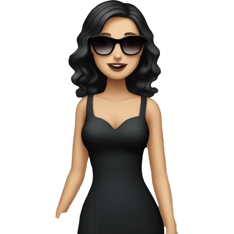 white girl with black hair shopping with a fancy black dress and sunglasses on emoji